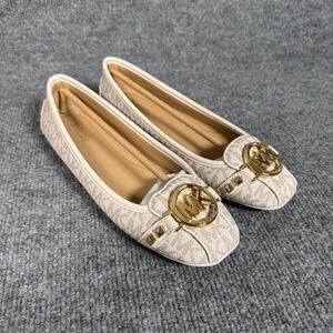 New Michael Kors Womens Size 7M Moccasin Shoes Tan Gold Logo PCV Slip On